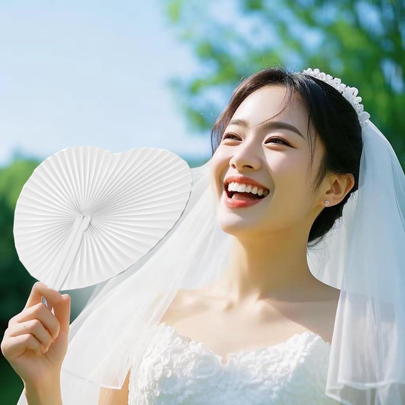 Bestage 20 Pcs White Paper Fans,Foldable Handheld Fans for Women,Heart Wedding Decorative Folding Hand Fan for Bridal Guest Church Party Favors Dancing Birthday DIY - Image 3